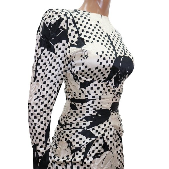 LESLIE RUBIN 50s Style Statement Black & White Floral Silk Midi Dress 4 - Picture 3 of 14